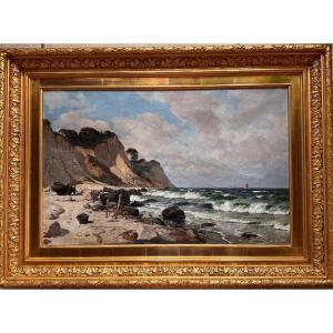 Tableau de Johannes Holtz (1880 – 1965)  Paysage côtier animé  