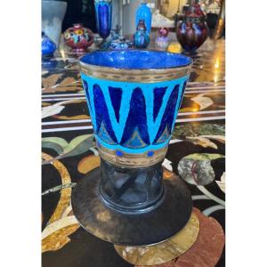 Léon Brunard (1872-1931) Small Enameled Copper Vase On A Wrought Iron Base – Circa 1920  