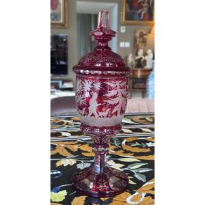 Bohemian Crystal Covered Drageoir With Hunting Decor - 19th Century.