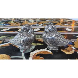 Pair Of Solid Silver Salt Cellars Decorated With Whistling Birds - 20th Century Work.