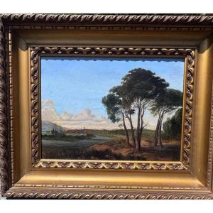 Théodore Ravanat (1812-1883) Lakescape With Pine Trees Oil On Canvas Signed.