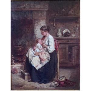 Léon Émile Caille (1836-1907) Maternité – Jeune mère allaitant son enfant Huile sur panneau