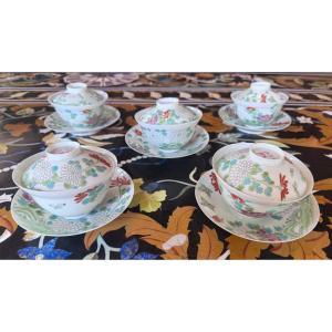 Set Of Five Porcelain Bowls With Lids And Their Saucers From Mikawachi (hirado), Japan, 