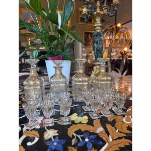 Baccarat – Crystal Liquor Set, Made Of Pressed And Molded Crystal And Gilded With Gold – Napoleonic Era