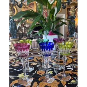 Baccarat – Set Of Six Colored Crystal Römer Glasses, Piccadilly Model.