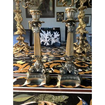 Pair Of Restoration Period Candlesticks In Bronze And Siena Marble