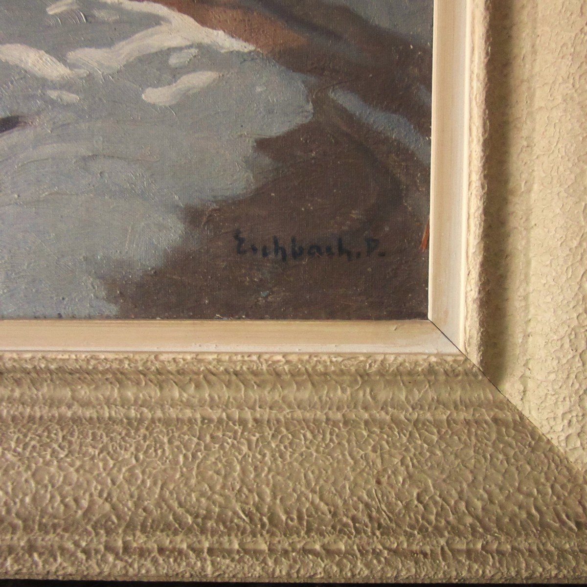 Table Oil On Canvas Snowy Landscape "sunset" Sign P. Eschbach-photo-4