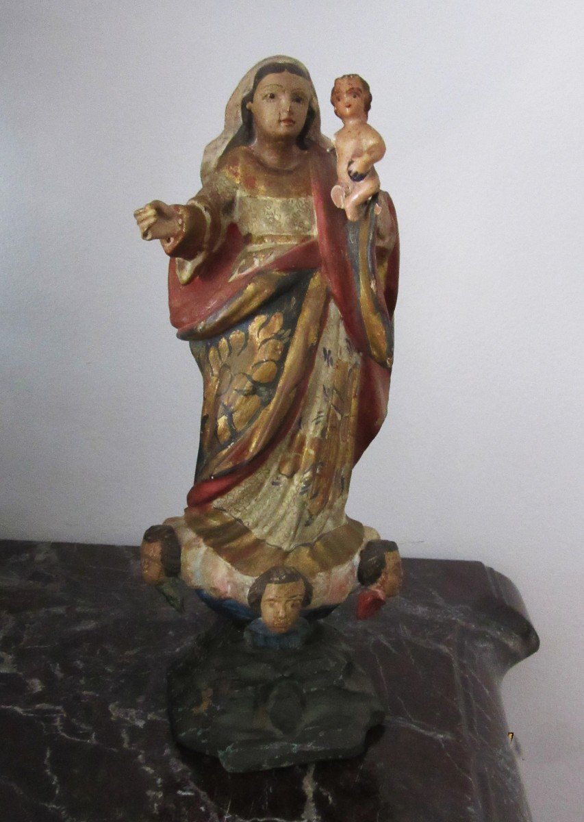 Statue "madonna And Child" In Polychrome Carved Wood Ep.18th