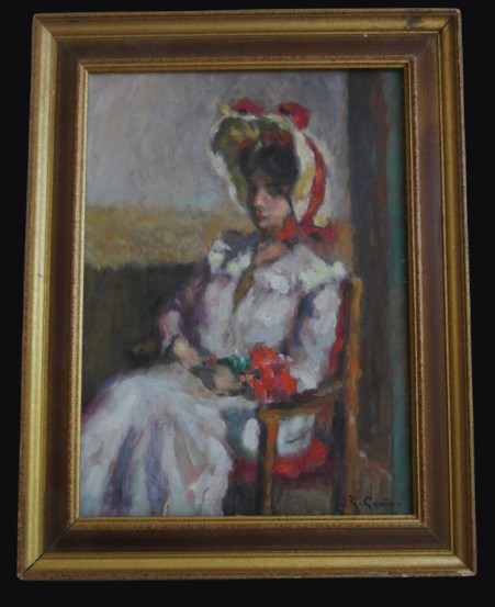 Tableau Huile sur toile "jeune femme au chapeau" Sign. R. Guoin (1881-1949)
