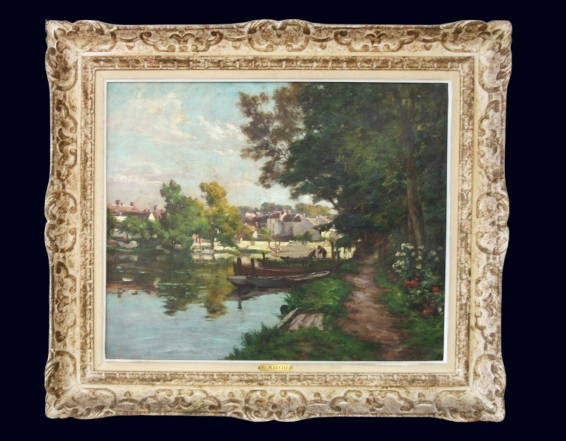 Oil Painting On Canvas "landscape On The Banks Of The Loing" Signed By Er Marché