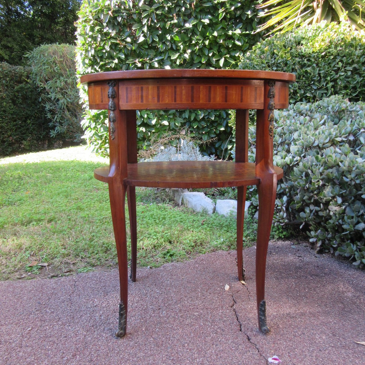 Guéridon ovale en marqueterie de style Louis XVI Ep.20ème-photo-2