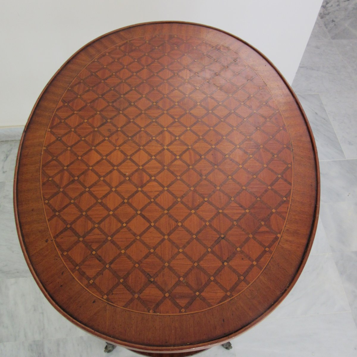 Guéridon ovale en marqueterie de style Louis XVI Ep.20ème-photo-3