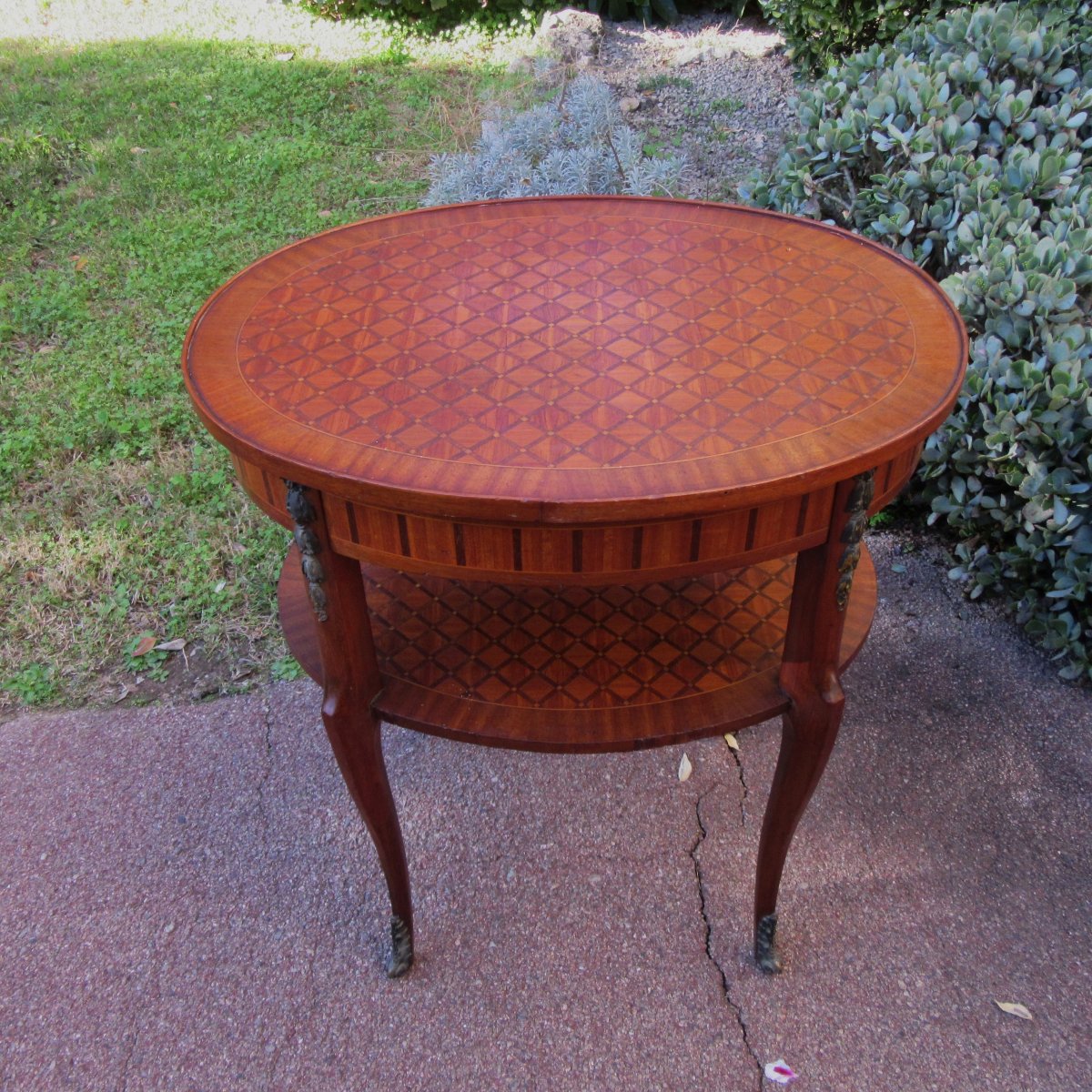Guéridon ovale en marqueterie de style Louis XVI Ep.20ème-photo-4