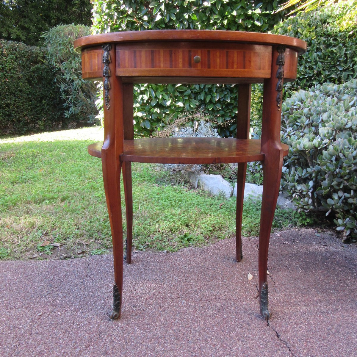 Guéridon ovale en marqueterie de style Louis XVI Ep.20ème-photo-3