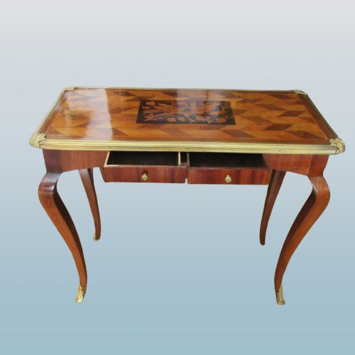 Marquetry Desk With Bird Decoration In The Louis XV Style, Late 18th Century-photo-2