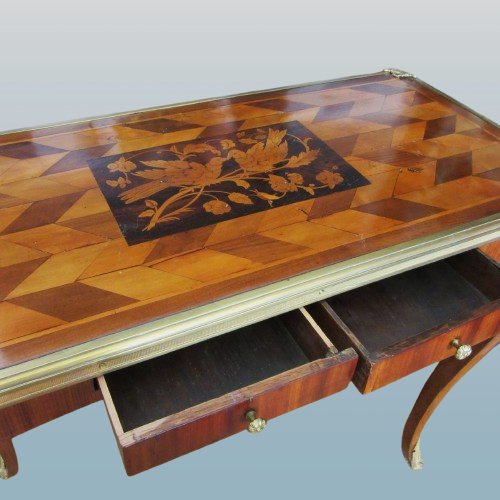 Marquetry Desk With Bird Decoration In The Louis XV Style, Late 18th Century-photo-3