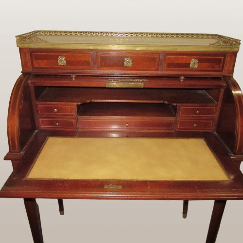 Bureau cylindre en marqueterie style Louis XVI Ep.19ème-photo-3