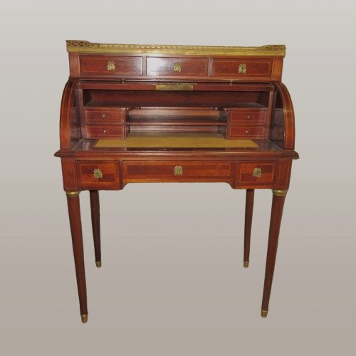 Bureau cylindre en marqueterie style Louis XVI Ep.19ème-photo-4