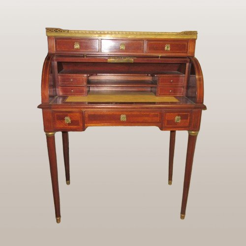 Bureau cylindre en marqueterie style Louis XVI Ep.19ème-photo-3