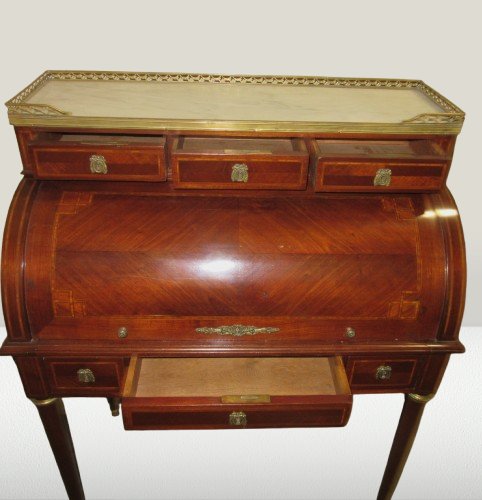 Bureau cylindre en marqueterie style Louis XVI Ep.19ème-photo-4