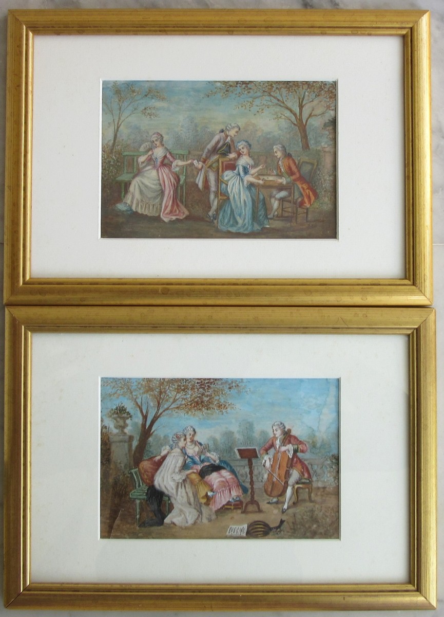 Paire de peintures à la gouache " Scènes galantes " fin 19ème