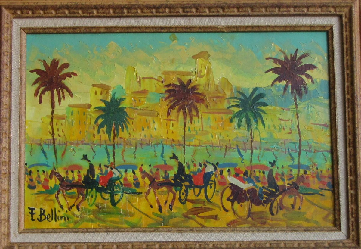 Tableau Huile sur toile "Calèches sur la croisette" Sign. Bellini-photo-3