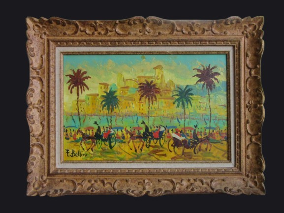 Tableau Huile sur toile "Calèches sur la croisette" Sign. Bellini