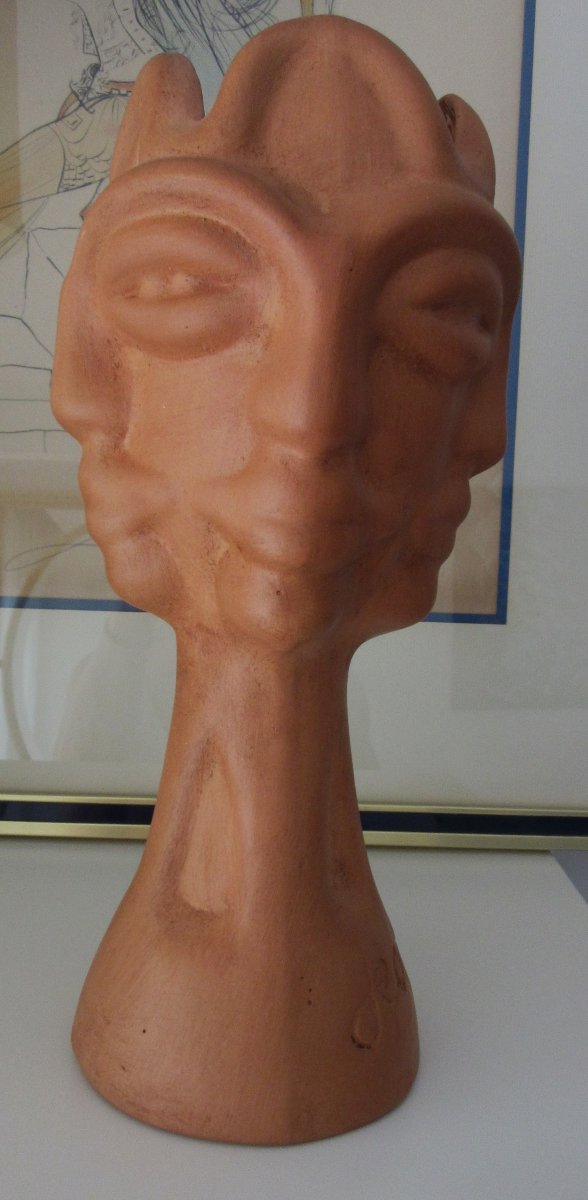 Terracotta Sculpture Vase With Four Faces By Jean Marais-photo-2