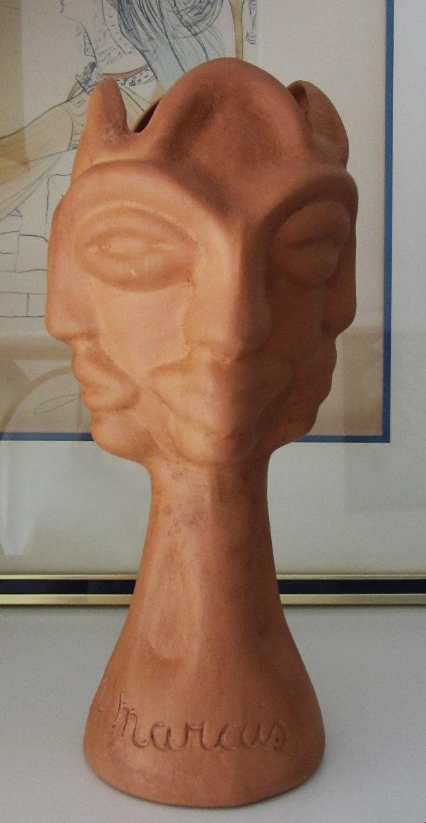 Terracotta Sculpture Vase With Four Faces By Jean Marais-photo-2
