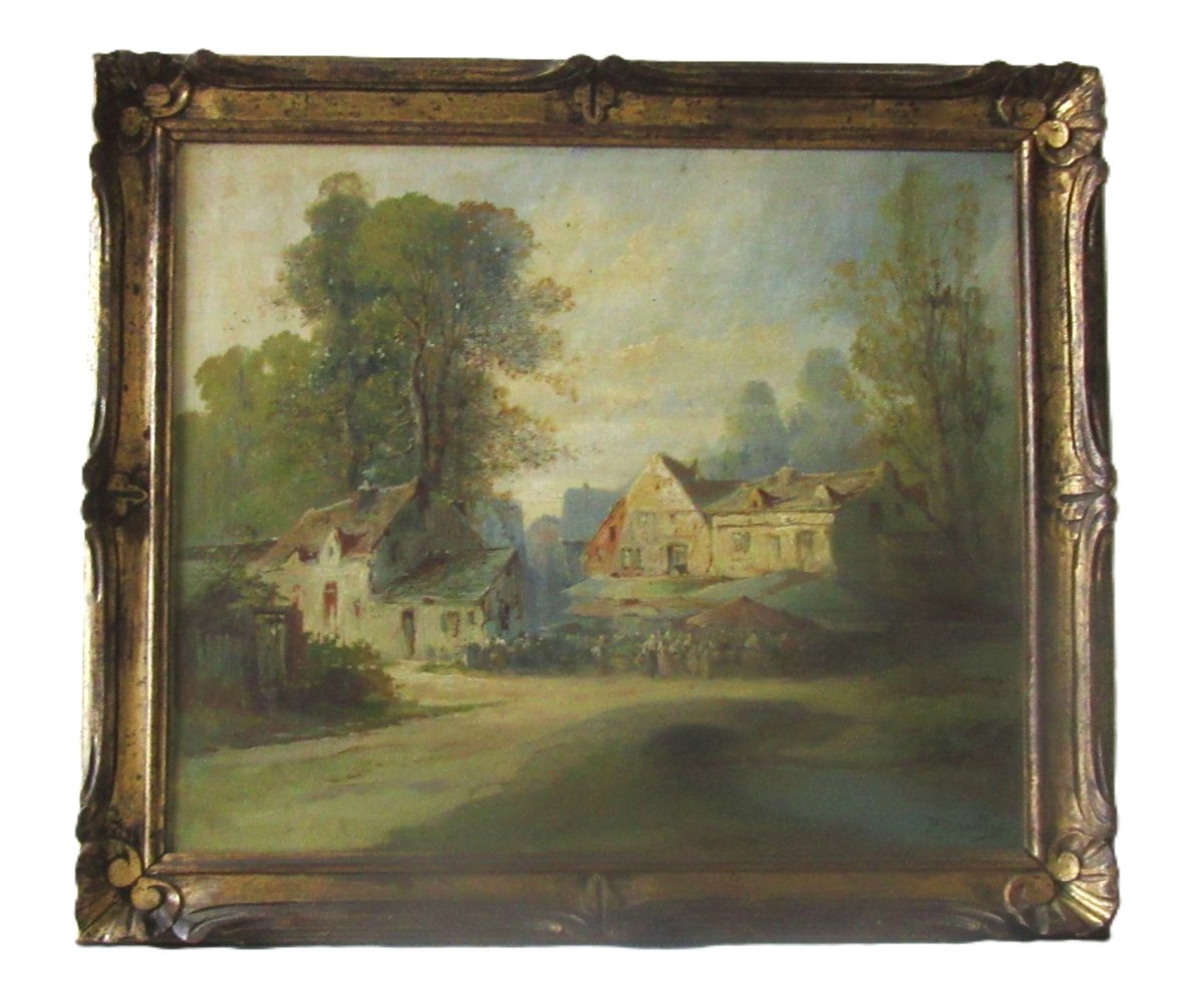 Tableau huile sur toile "Scène de village" Sign. P. Devillers