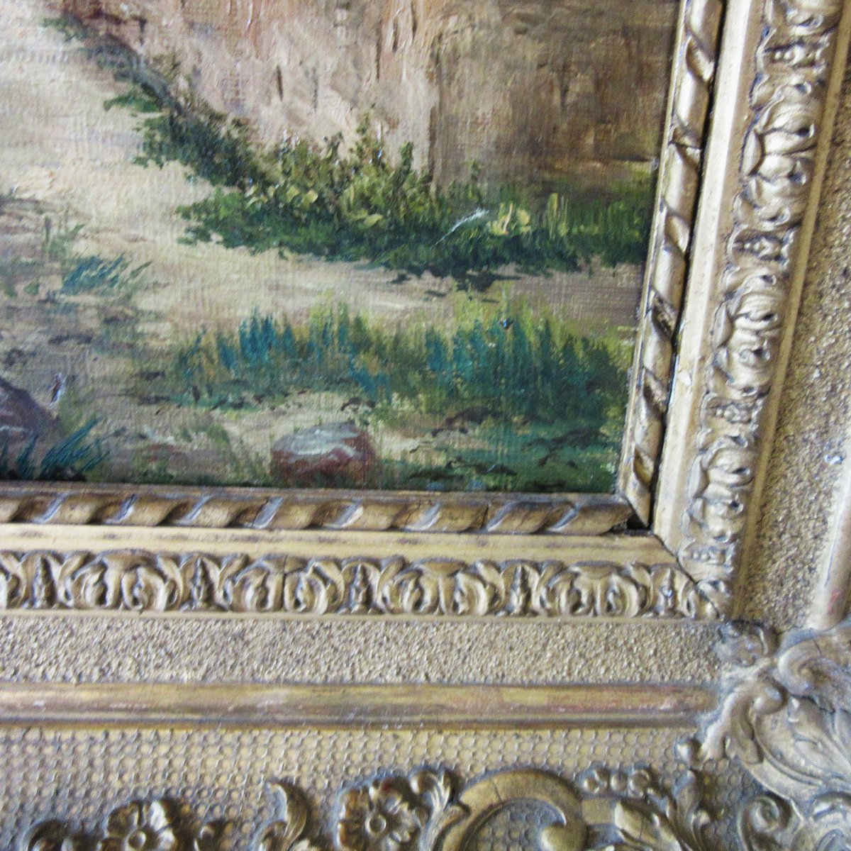 Oil On Canvas Painting, “italian Landscape With Washerwomen,” Late 19th Century-photo-2