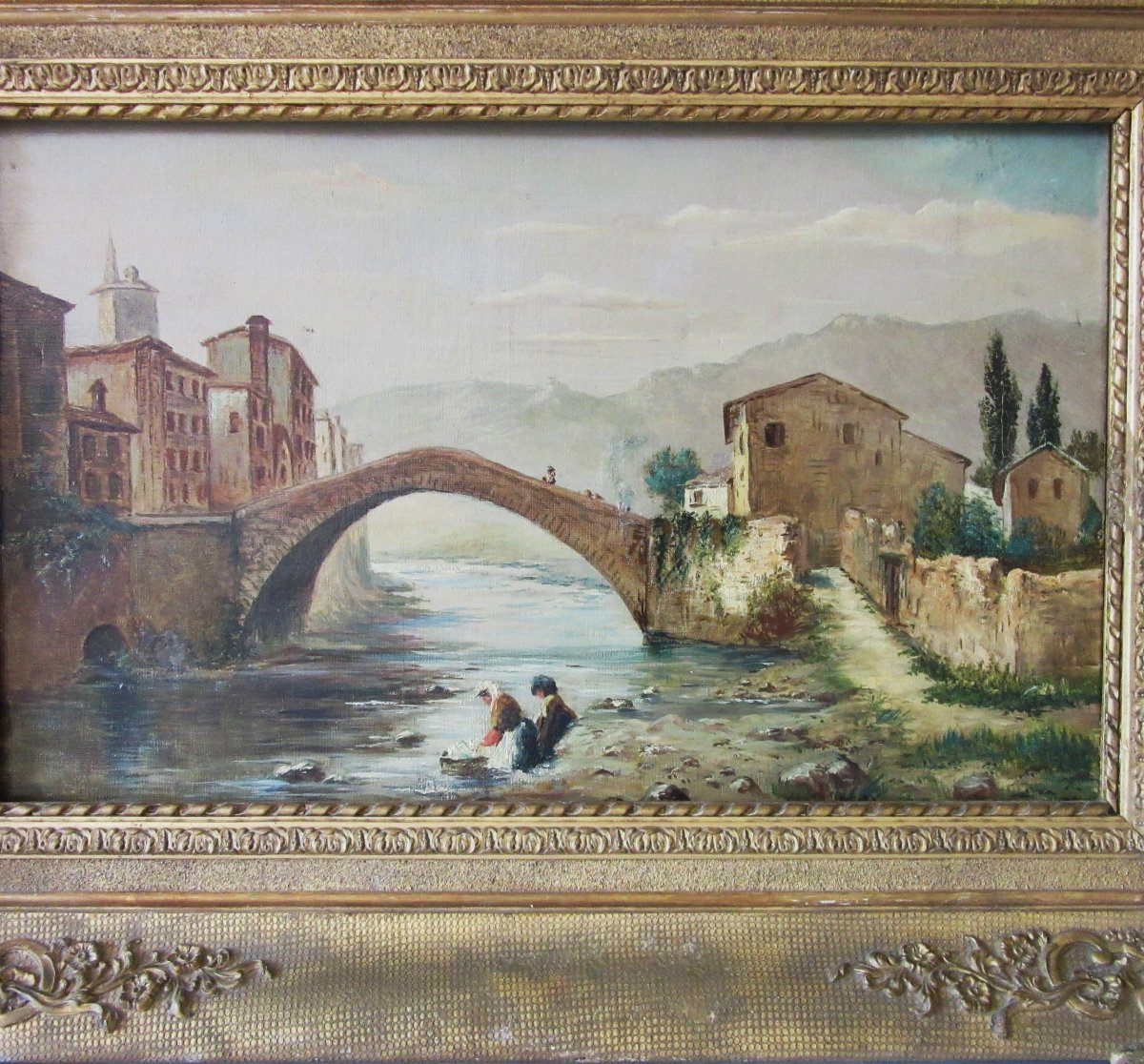 Oil On Canvas Painting, “italian Landscape With Washerwomen,” Late 19th Century-photo-3