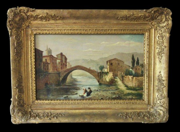 Oil On Canvas Painting, “italian Landscape With Washerwomen,” Late 19th Century