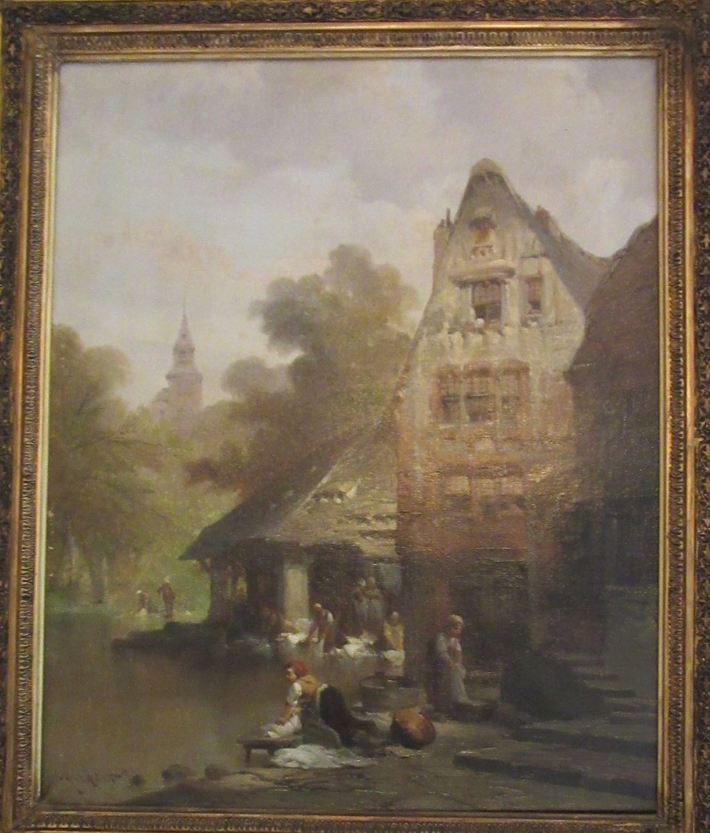 Oil On Canvas Painting, "washerwomen," 19th Century-photo-3