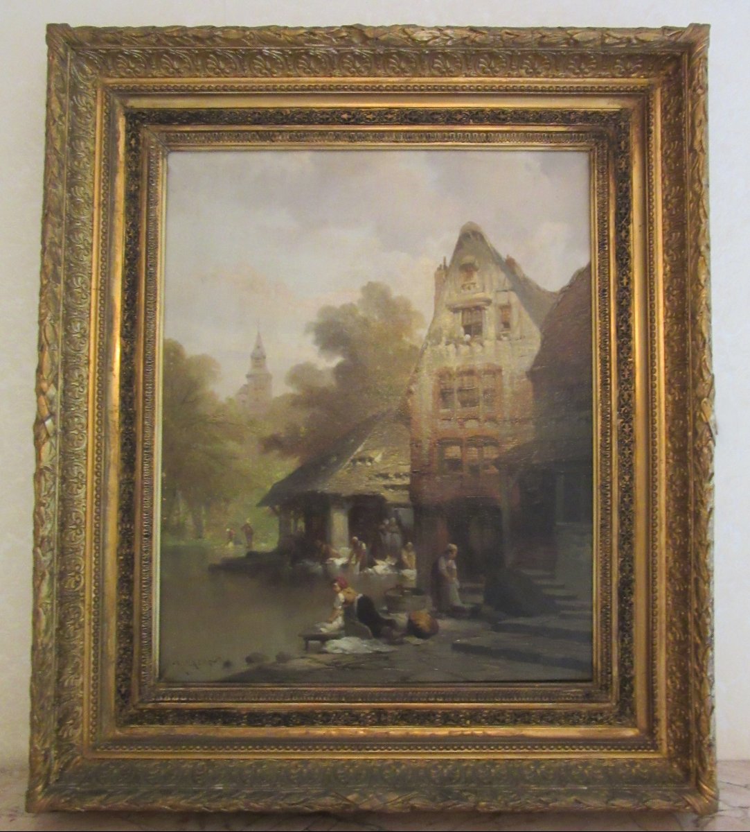 Oil On Canvas Painting, "washerwomen," 19th Century-photo-1