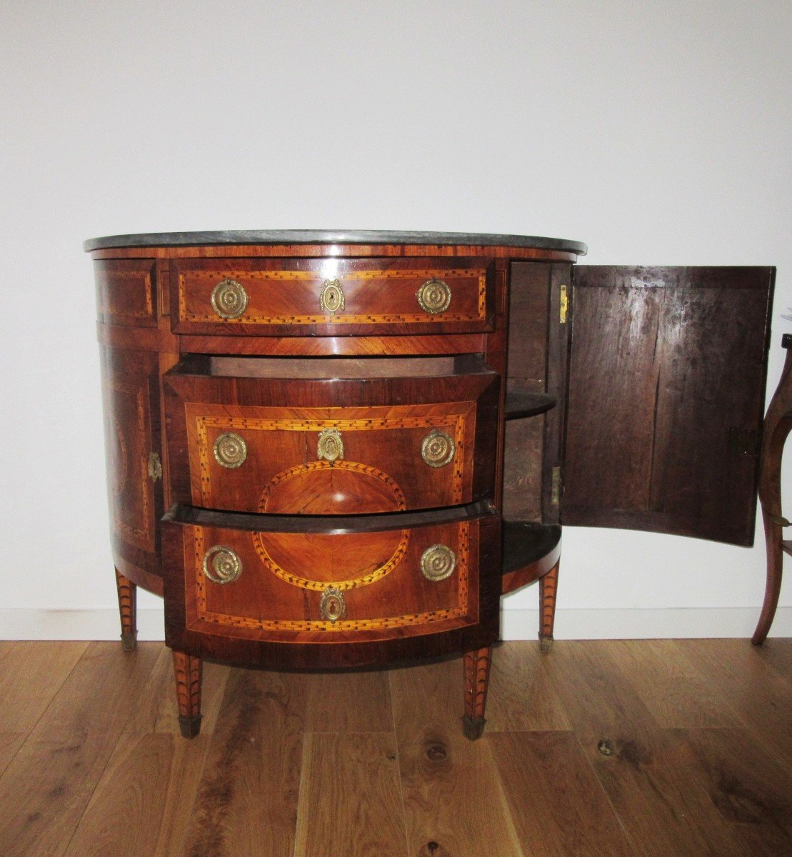 Commode Demi-lune En Marqueterie d'époque Louis XVI-photo-3