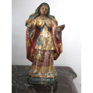 Statue de Sainte en bois sculpté polychrome Ep.18ème 