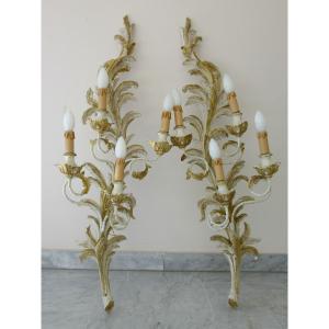 Pair Of Louis XV Style Patinated And Gilded Wood Sconces