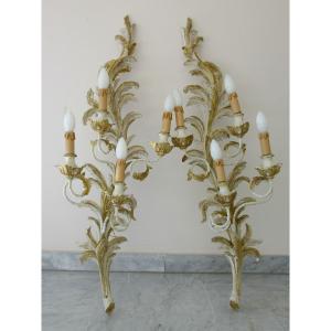 Pair Of Louis XV Style Patinated And Gilded Wood Sconces