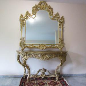 Ensemble Console Et Miroir En Bois doré Sculpté Et Patiné De Style Louis XV