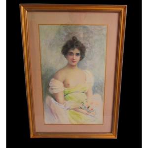Watercolor "portrait Of Young Woman" Signed J.salmony