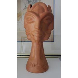 Terracotta Sculpture Vase With Four Faces By Jean Marais