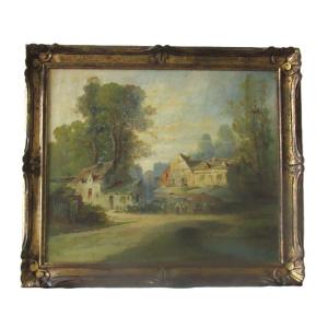 Oil On Canvas Painting, "village Scene," Signed P. Devillers