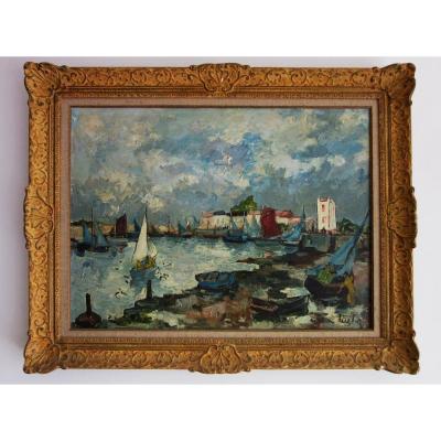  Marine "Port De St Gilles Croix De Vie" Huile Sur Toile Sign. Fernand Herbo