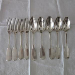 Suite Of Five Spoons And Four Forks In Silver Ep. 19th