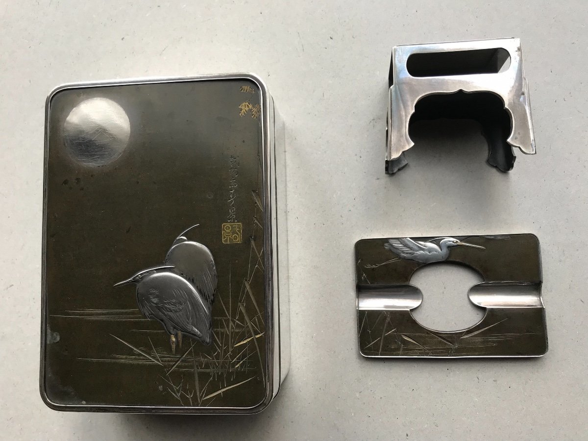 Silver Japanese Table Smoking Set From The Meiji Period-photo-3