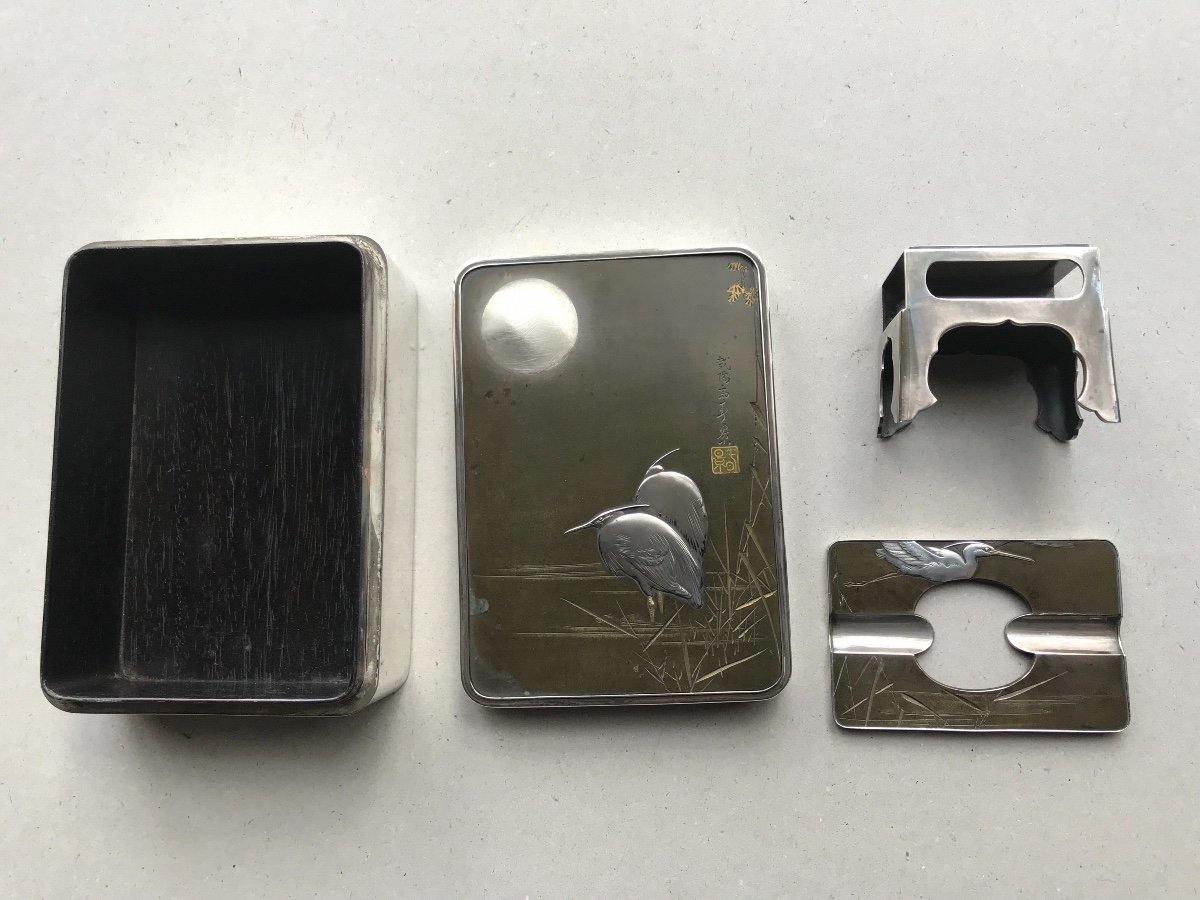 Silver Japanese Table Smoking Set From The Meiji Period-photo-4