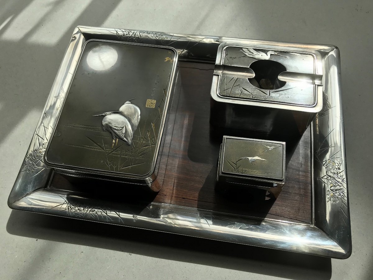Silver Japanese Table Smoking Set From The Meiji Period