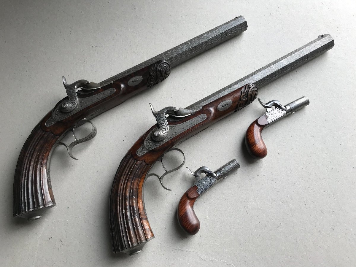 Case Set Of 4 Dueling And Pocket Percussion Pistols, Signed Chaubet In Bordeaux-photo-2