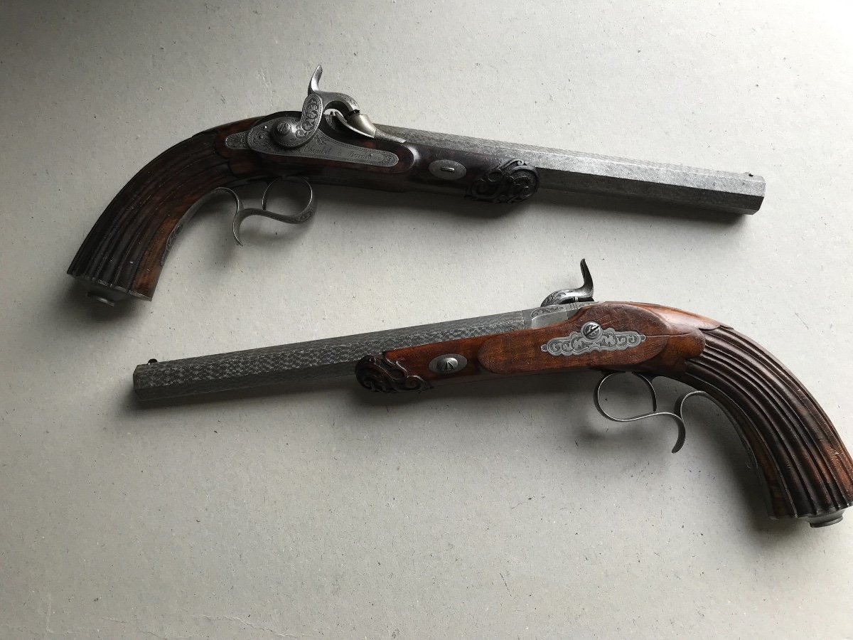 Case Set Of 4 Dueling And Pocket Percussion Pistols, Signed Chaubet In Bordeaux-photo-2